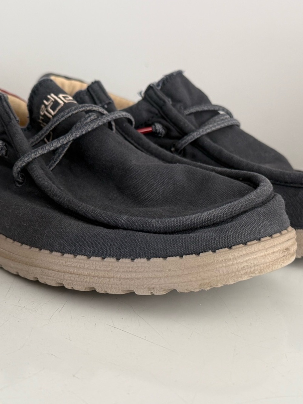 Hey Dude Black Canvas Slip-On Moccasins with Tan Sole